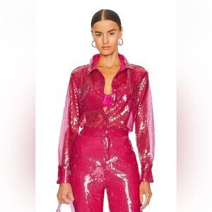 More To Come Wyatt Button Down Top in Hot Pink sequin blouse shirt Revolve